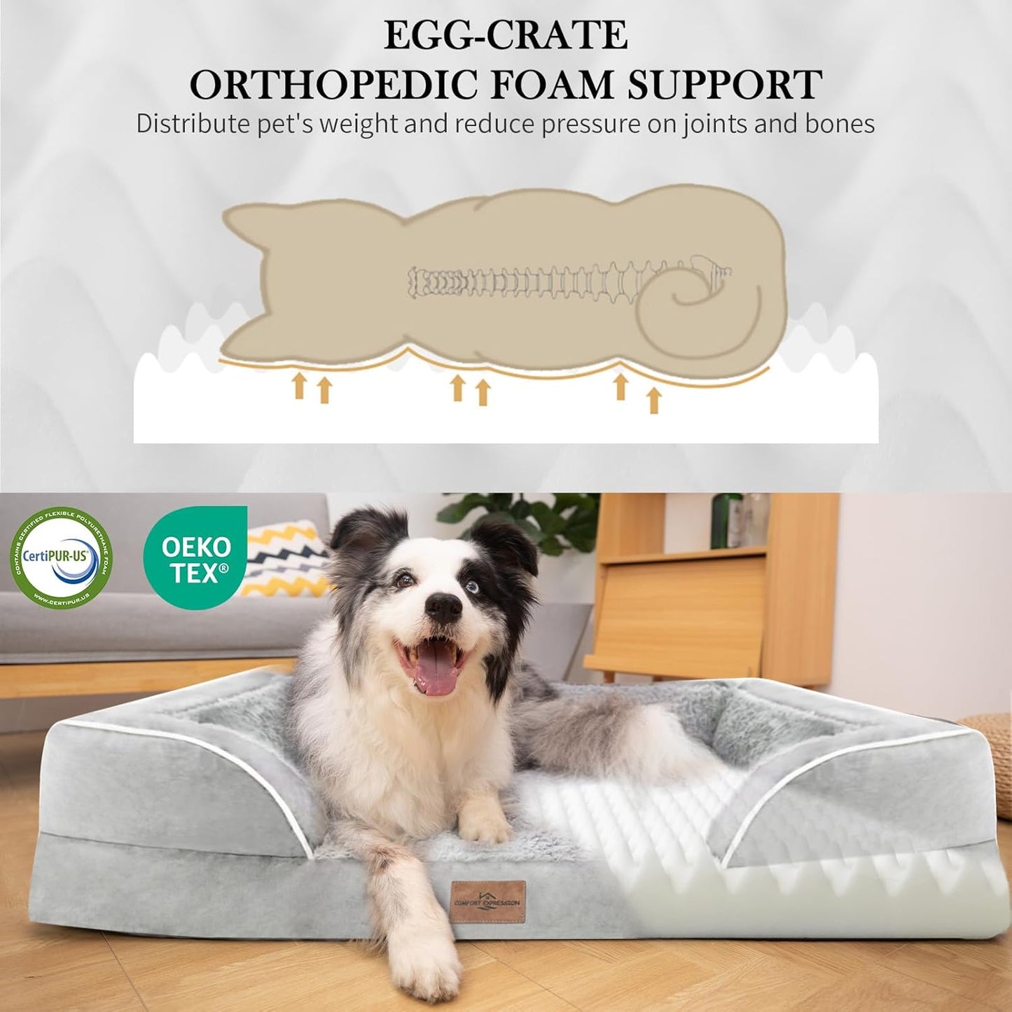 Comfort Expression Orthopedic Dog Bed for Extra Large Dogs 42x30 Inch, Waterproof Egg Crate Foam XL Pet Bed with Removable Bolsters, Dog Couch with Washable Cover & Non-Slip Bottom, Grey - Colors B