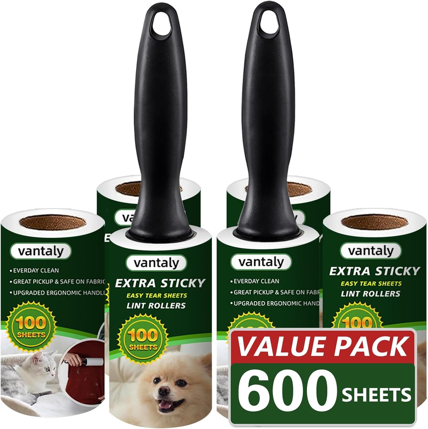 Lint Rollers for Pet Hair Extra Sticky, 600 Sheets Value Set Lint Roller with 2 Upgraded Handles, 6 Rollers Portable Pet Lint Remover for Clothes, Furniture, Carpet, Dog & Cat Hair Removal