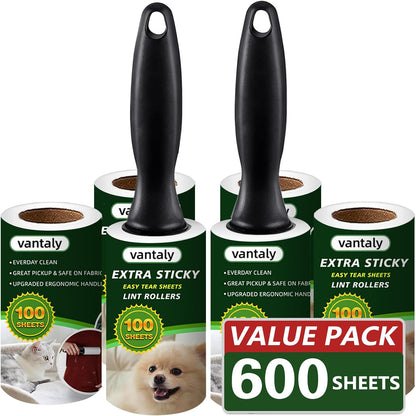 Lint Rollers for Pet Hair Extra Sticky, 600 Sheets Value Set Lint Roller with 2 Upgraded Handles, 6 Rollers Portable Pet Lint Remover for Clothes, Furniture, Carpet, Dog & Cat Hair Removal
