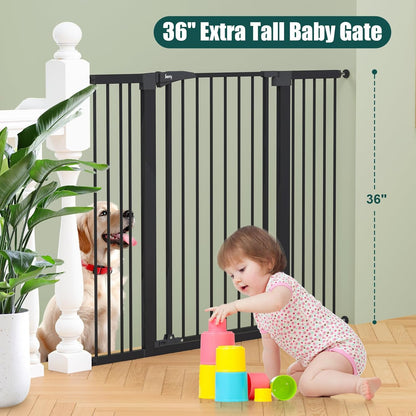 keny 29.7"-46" Baby Gate for Stairs, Auto Close Dog Gates for Doorways, Pressured Mounted No Drilling Pet Gate Extra Wide, One-Hand Opening Dual Lock Stair Gate, Indoor Kids Necessities, Black