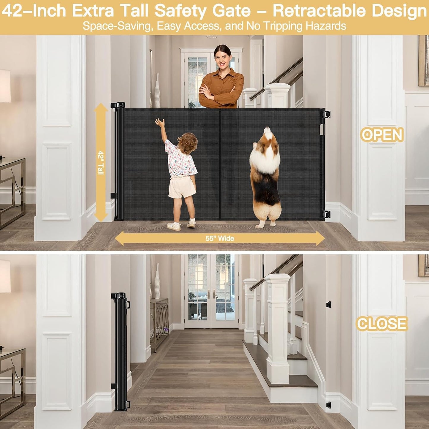 Reinforced 42" Tall Retractable Dog Gate, 155" Extra Long Retractable Baby Gate with Support Rods - Prevent Crawling Under, Indoor/Outdoor Retractable Gate Extra Tall Baby Gate Retractable Fence/Black