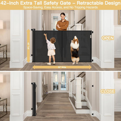 Reinforced 42" Tall Retractable Dog Gate, 155" Extra Long Retractable Baby Gate with Support Rods - Prevent Crawling Under, Indoor/Outdoor Retractable Gate Extra Tall Baby Gate Retractable Fence/Black