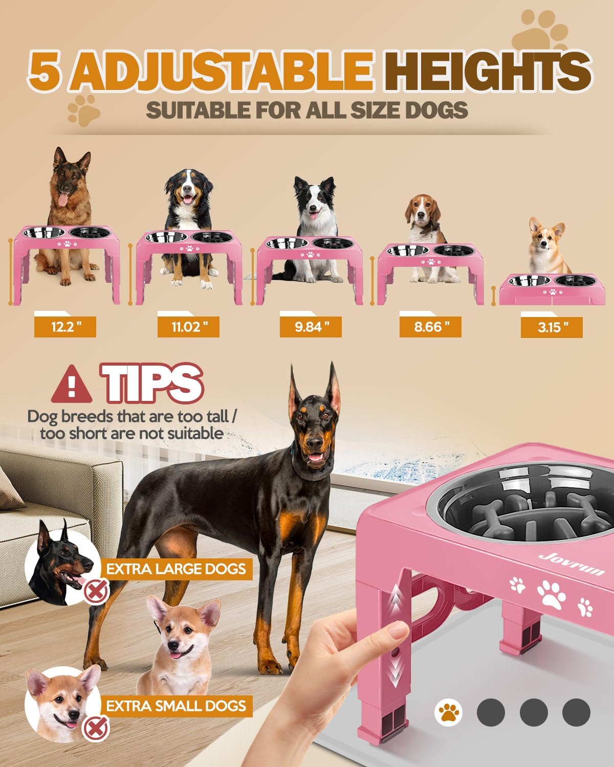 Jovrun Elevated Dog Bowls for Small Dogs and Cats, Non-Slip Cat Bowls with 2 Thick 5.5" Stainless Steel Dishes, Dog Feeder 2 Heights Adjustable to 2.6"-5.3"