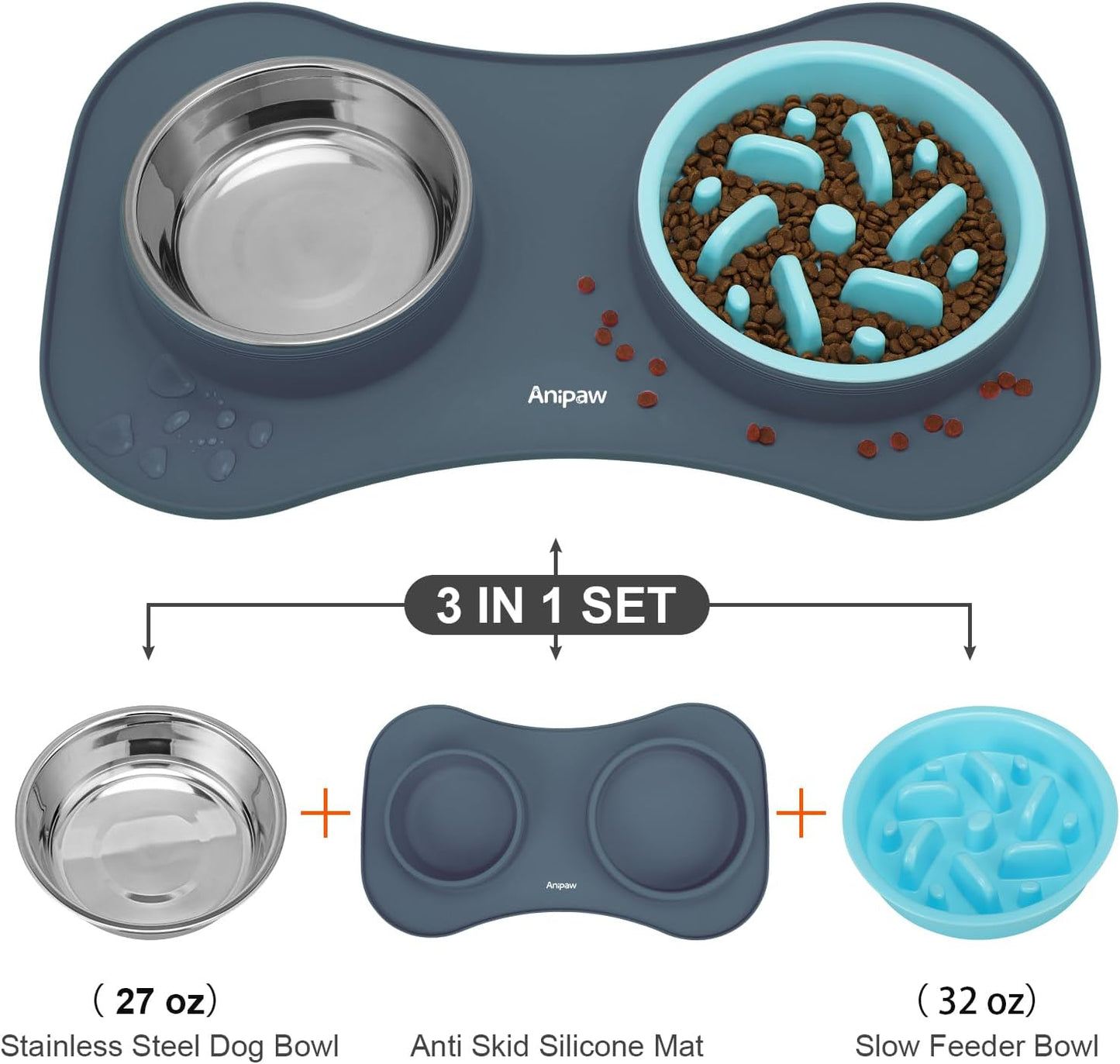 Anipaw Slow Feeder Dog Bowls 3 in 1 Stainless Steel Food and Water Bowls with Non-Spill and Skid Silicone Mat to Slow Down Eating for Large Medium Small Breed Size Dogs and Cats