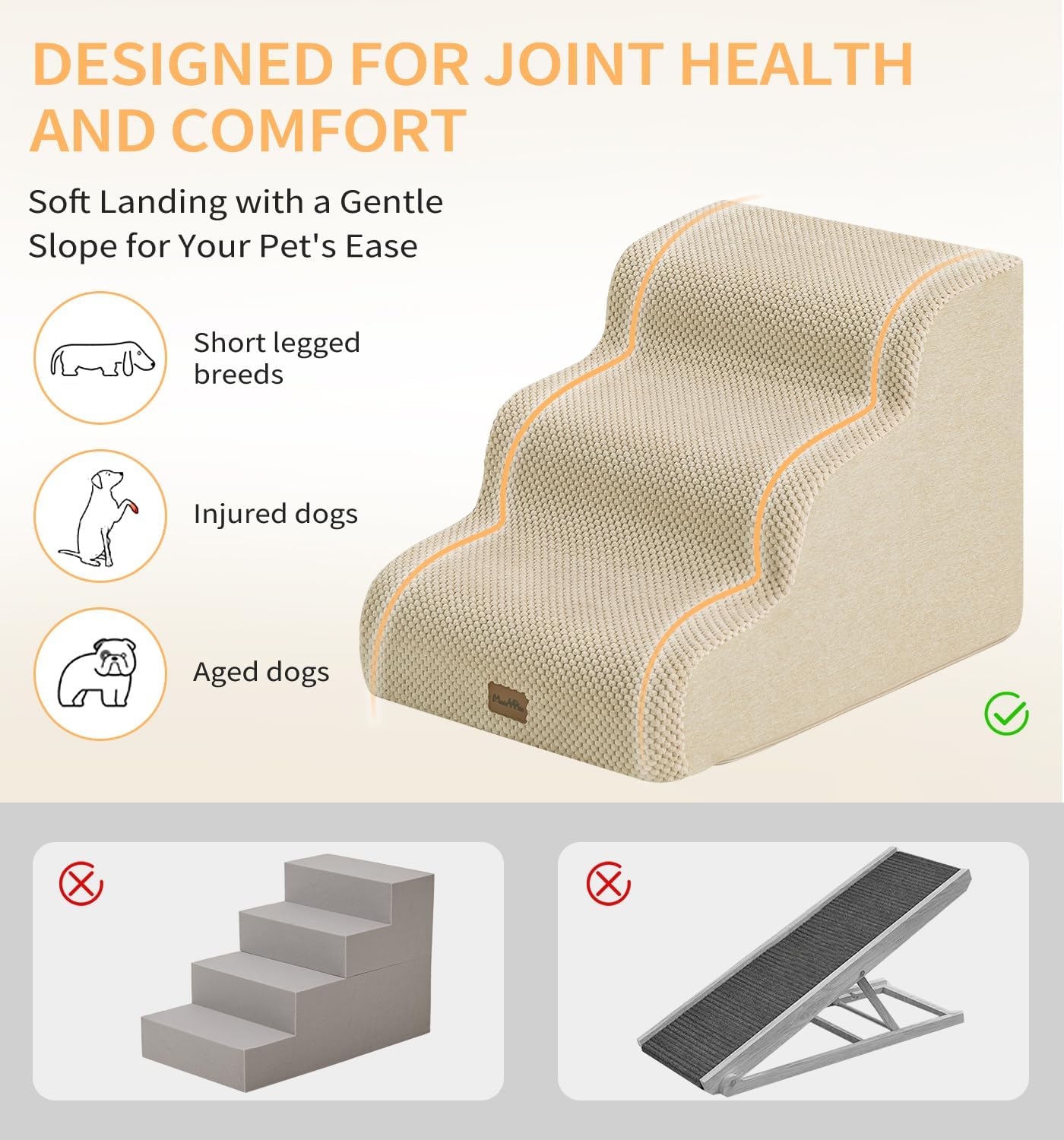 Made4Pets Dog Stairs Ramp for Small Dogs 15.7" H, 3-Step Dog Steps for Bed Couch Sofa and Chair, 35D Foam Pet Steps for Small Dogs and Cats, Non-Slip Bottom Pet Stairs, Grey