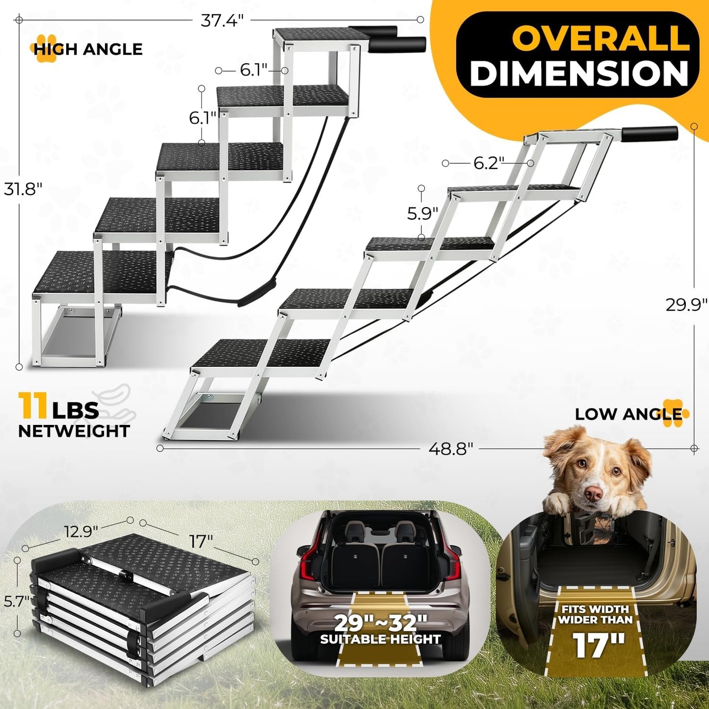 Auto Dynasty Dog Stairs for Car - 4 Steps Wide 31.4in High 25in Foldable Dog Ramp for Car Non-Slip Surface Support up to 150lbs - Suitable for SUV,Truck, Sofas, Bed/Couch
