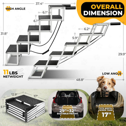 Auto Dynasty Dog Stairs for Car - 4 Steps Wide 31.4in High 25in Foldable Dog Ramp for Car Non-Slip Surface Support up to 150lbs - Suitable for SUV,Truck, Sofas, Bed/Couch
