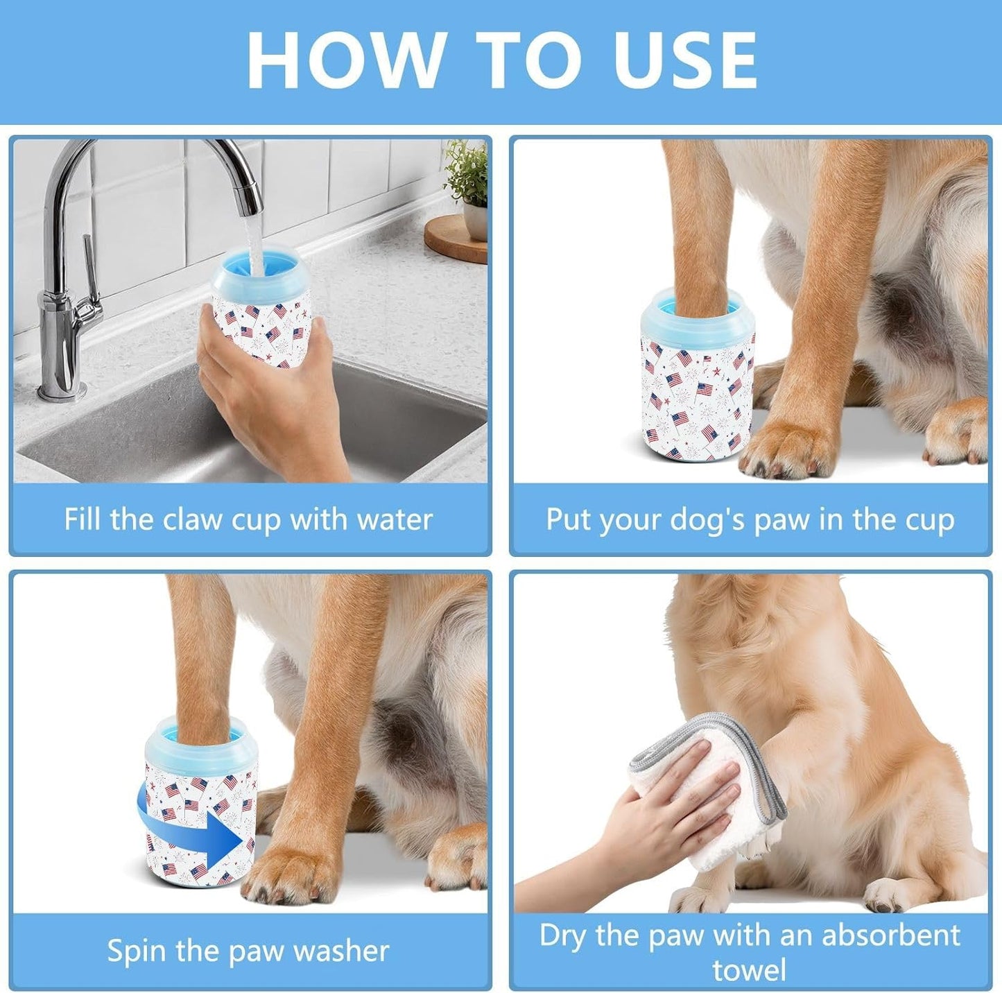 Flags Fireworks 250th Anniversary White Print Dog Paw Cleaner Cup with Soft Silicone Brush, Portable Small Lightweight Muddy Paw Washer for Dogs, Easy to Use Pet Foot Cleaner