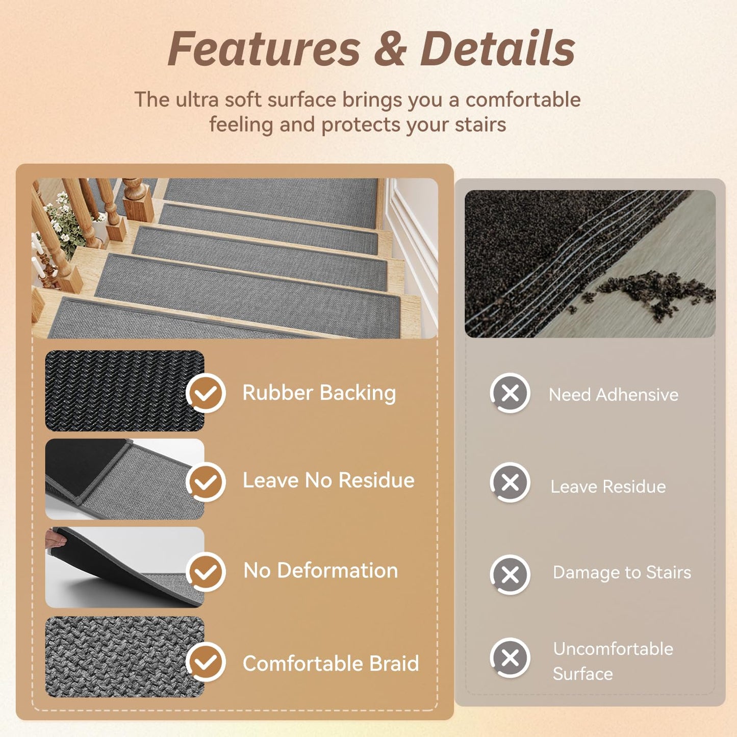 PADOOR Stair-Treads Non Slip 15PCS, Stair Treads for Wooden Steps Rubber Backing Indoor, Carpet Stair Treads Residue Free, Stair Runner Durable Stair-Carpet Treads for Kids and Dogs 8"x30" Beige