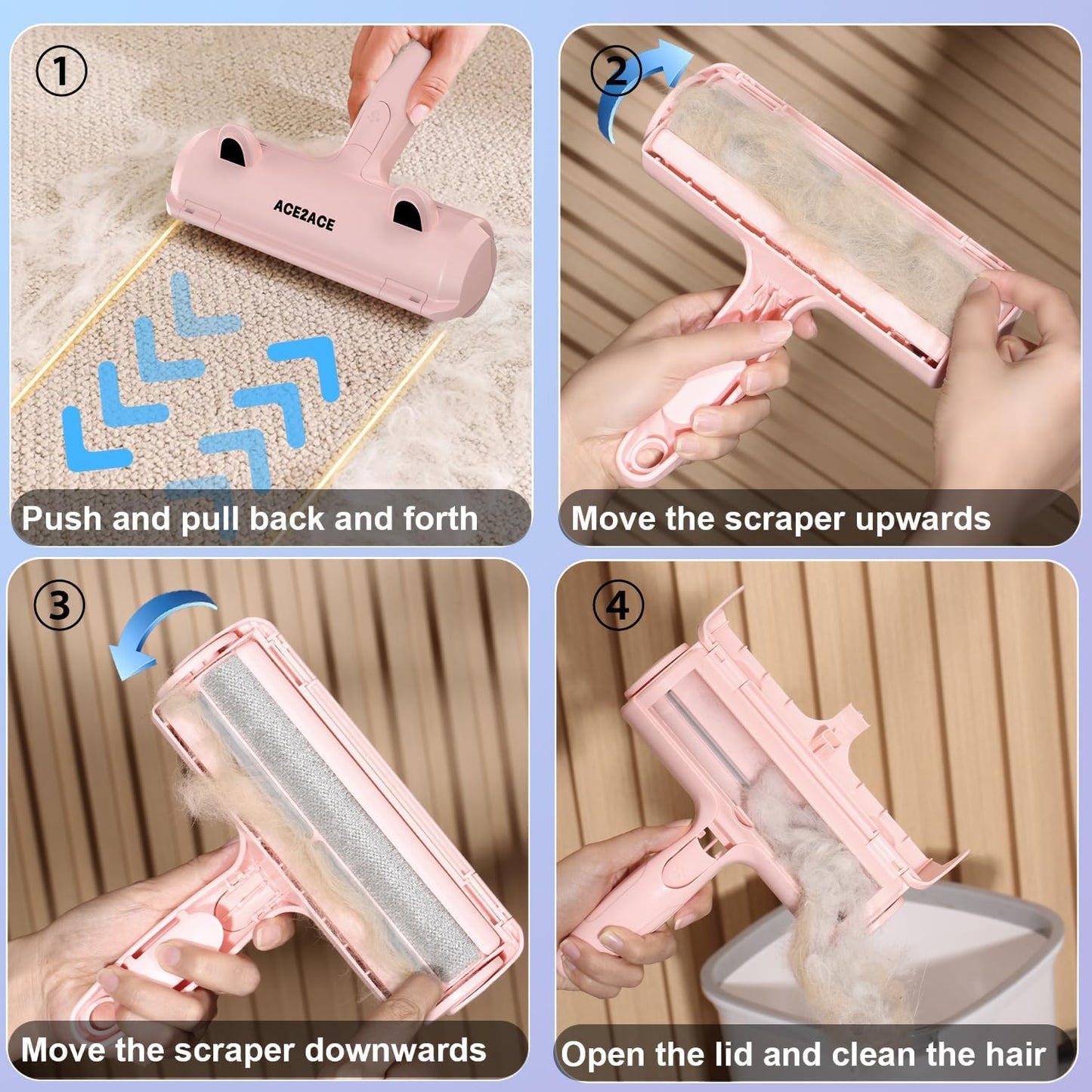 ACE2ACE Pet Hair Removal Tool, Reusable Lint Roller for Pet Hair, Self Clean Cat Hair Remover with Dust Bin, Dog Hair Remover for Couch, Furniture, Carpet, Sofa and Bedding