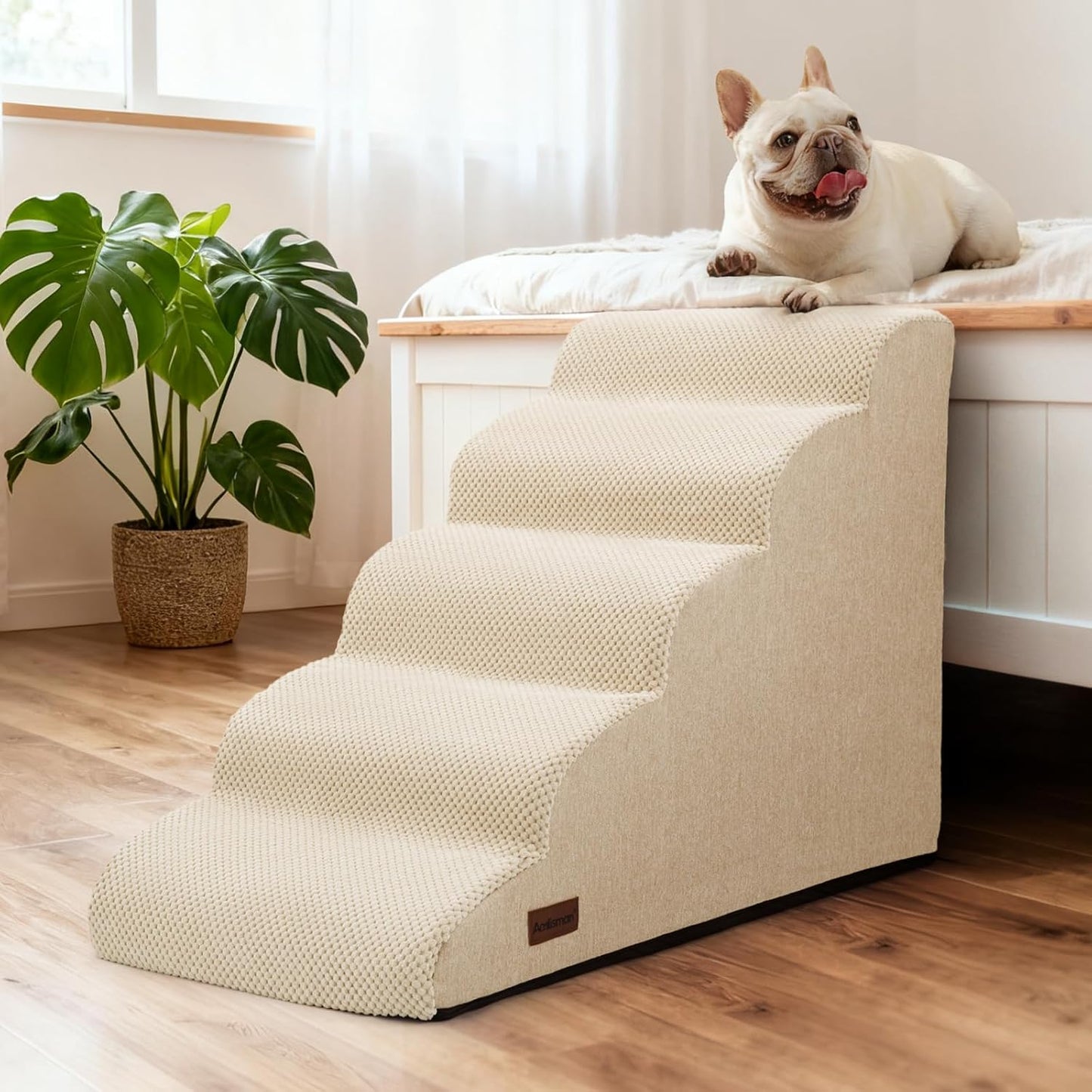 Aodisman Dog Ramp and Stairs for Small Dogs & Cats,3-Step Pet Stairs for Couch Sofa and Chair,Indoor Anti-Slip Dog Stairs for Old Cats and Puppy,Beige