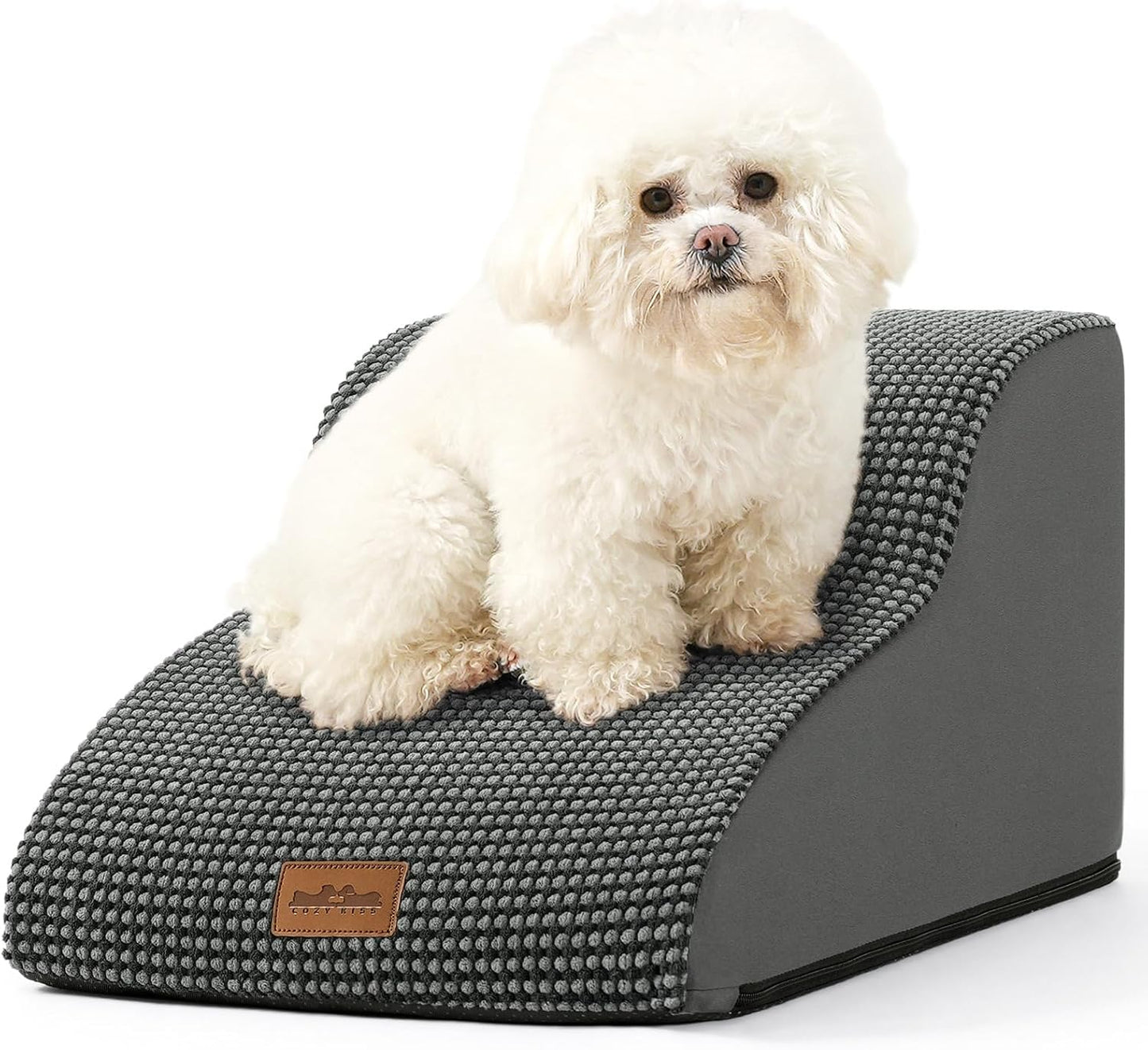 COZY KISS Dog Stairs for Small Dogs 15.7" H, Curved Dog Step for Puppy, Older Cat, Medium Pet Ramp for Sofa, Couch or Chair, Ladder with High Density Foam, 3 Step, 15.7x22.4x15.7 inch, Beige