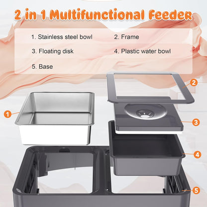 Decflow 3-in-1 Elevated Dog Bowls, 4 Height Adjustable Raised with Stainless Steel, Slow Feeder, No Spill Water Bowl, DIY Stickers Foldable Pet Bowl for Medium Large Dogs