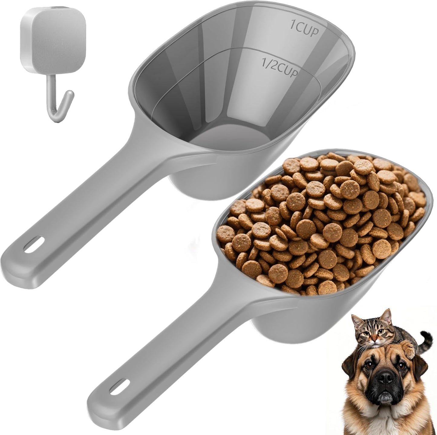Food Scoop, Cup Capacity Dog Food Scooper With Measuring Lines For Dog, Puppy and Cat Coffee Bean Scoop, Flour Scoop 2 Pack (Grey)