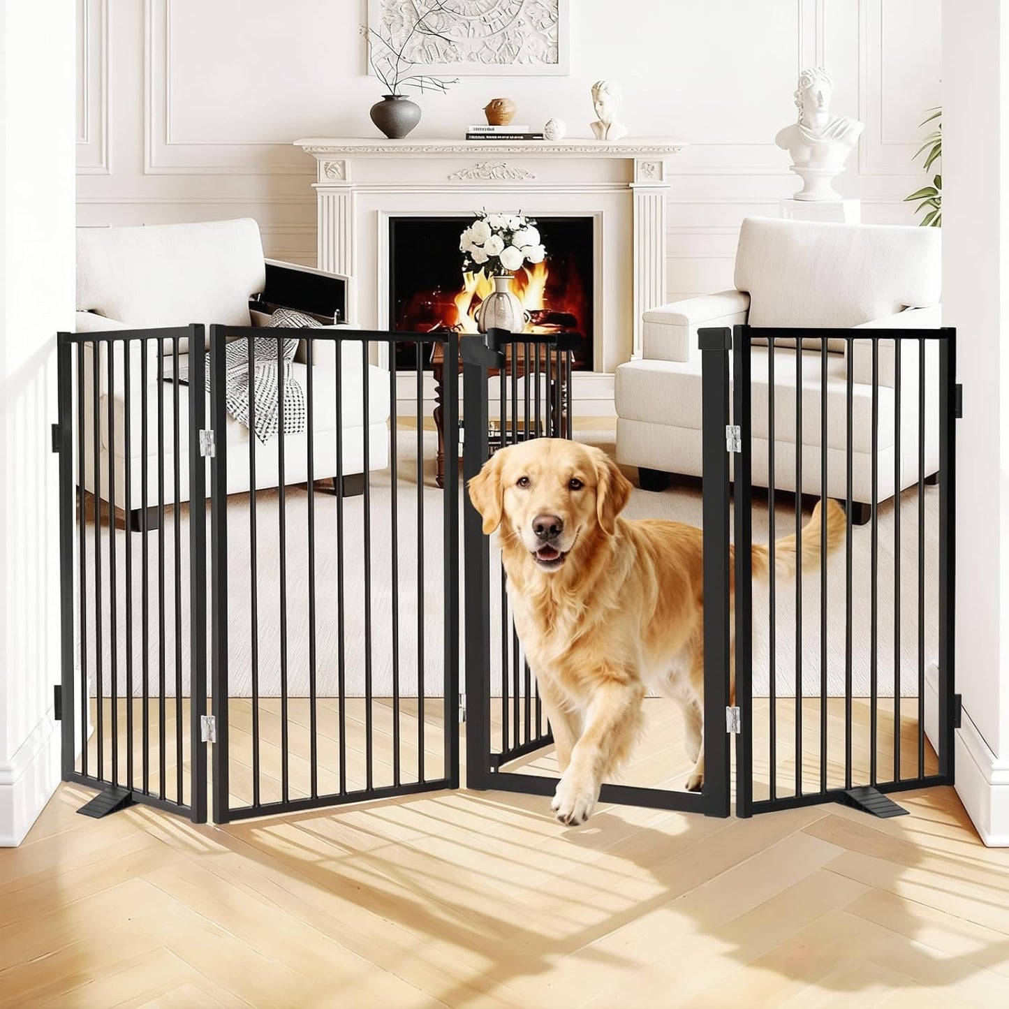 Snagle Paw Full Metal Freestanding Dog Gate,Indoor Dog Gate with Floor Protect Support Feet, 40x24 Inches Foldable Dogs Barrier for Stairs, Hallways and Doorways (24'' H 2 Panel, White