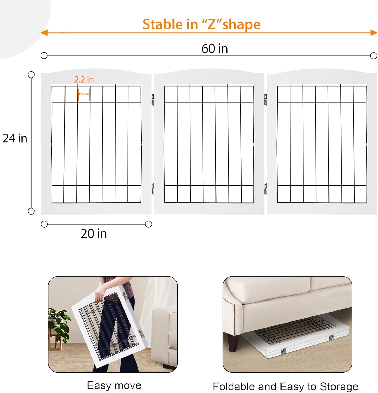 LZRS 2-Panel Freestanding Foldable Wood Dog Gate – Solid Wood & Steel Wire, Chew-Resistant Pet Barrier for Indoor Use, Ideal for Small to Medium Dogs, White