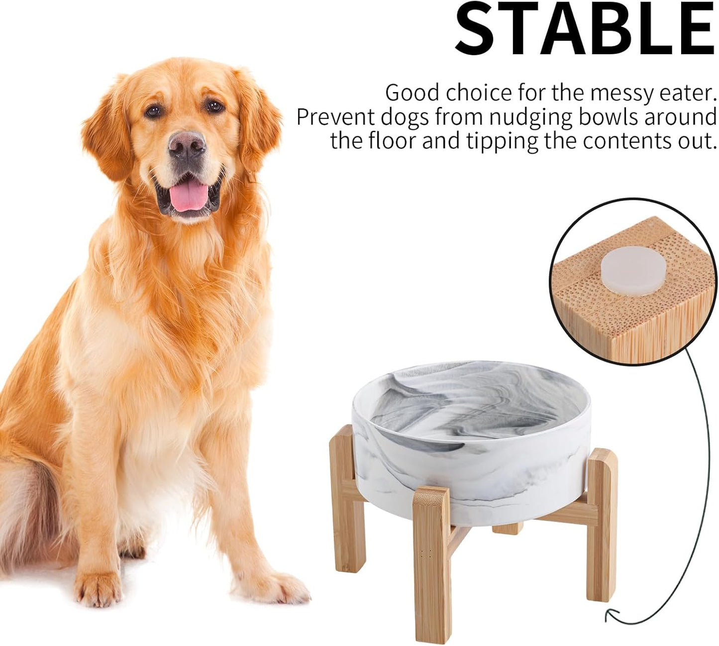 Black Elevated/Raised Dog Bowl Ceramic with Wood Stand for Medium Large Breed,Dog Food Water Dish Heavy Weighted,8 in Non Slip Modern Cute Porcelain Pet Bowl Extra Large