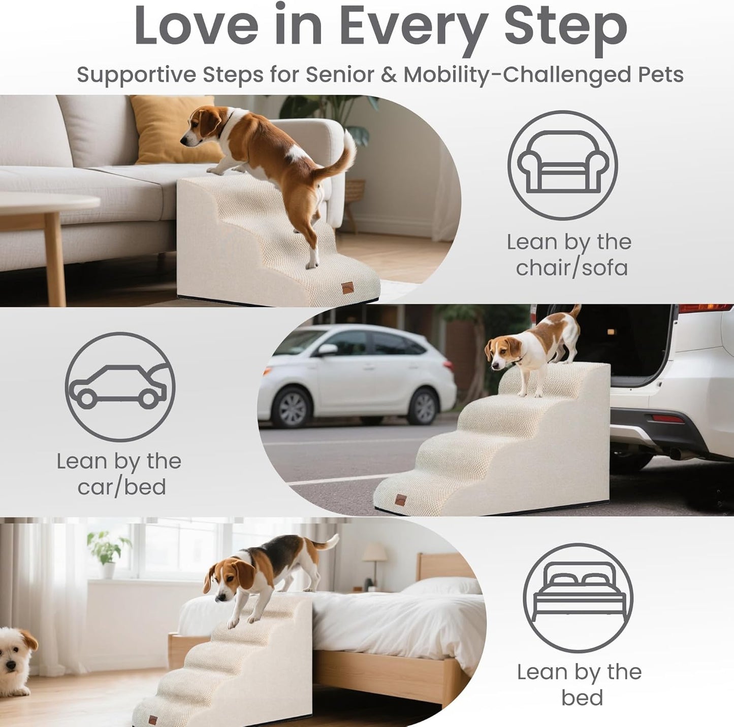 GoGoBunny Ramp Dog Stairs for Couch Sofa and Chair 15.7" H, 3-Step Pet Steps for Small Dogs and Cats, Non-Slip Waterproof Fabric Cover, Stable and Balanced Indoor Step, Pets Friendly, Grey