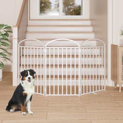 SNUOWU 4 Panels Full Matel Freestanding Dog Gates with Door, 96"Extra Wide 32"Tall Free Standing Dog Pet Gate for Indoor & Outdoor. Foldable Pet Fences for Doorways, House, Stairs, Porch, Deck, Yard