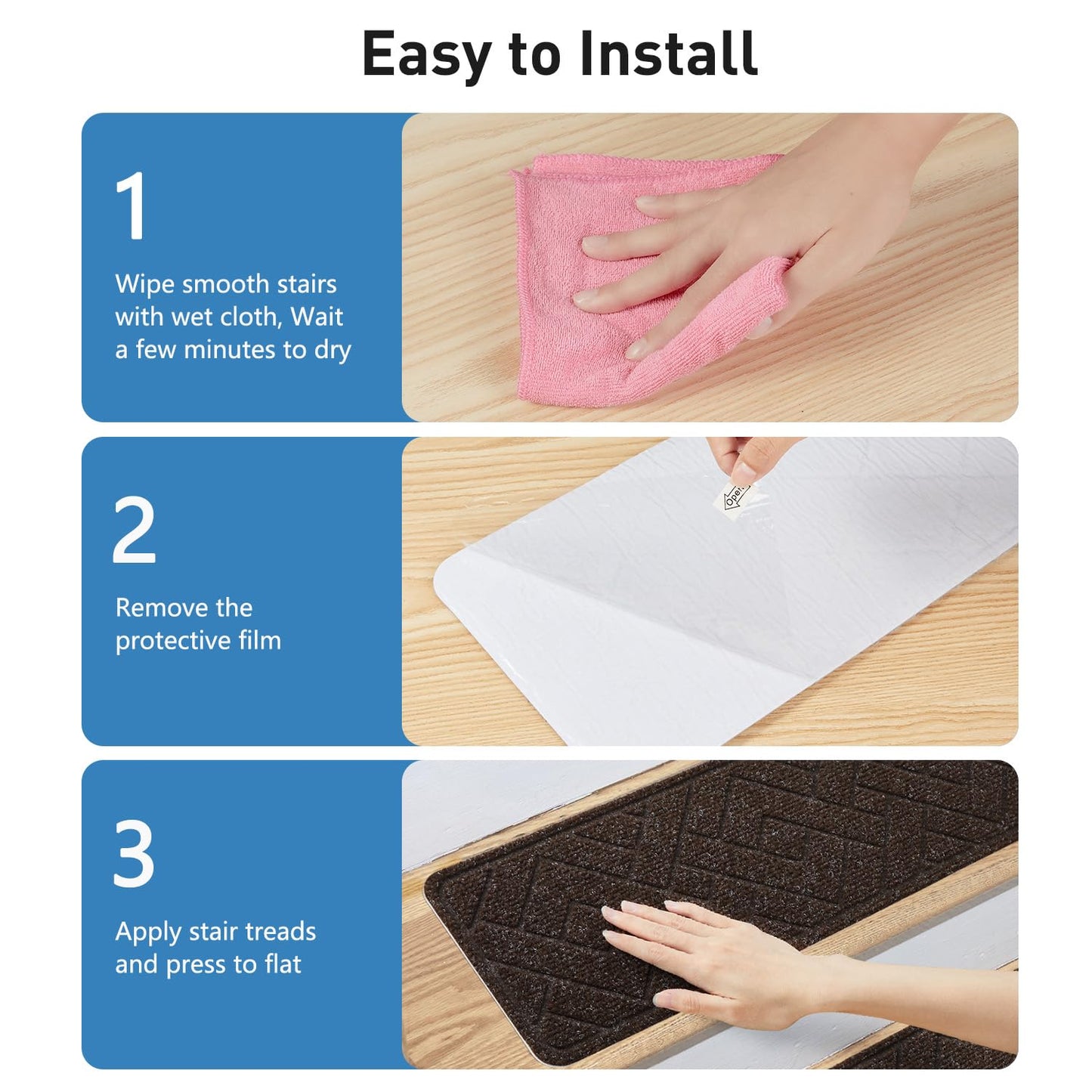 Non Slip Stair Treads for Wooden Steps,15 Pack 8" X 30" Stairs Carpet Treads Indoor with Reusable Peel and Stick Adhesive for Kids Elders and Pets