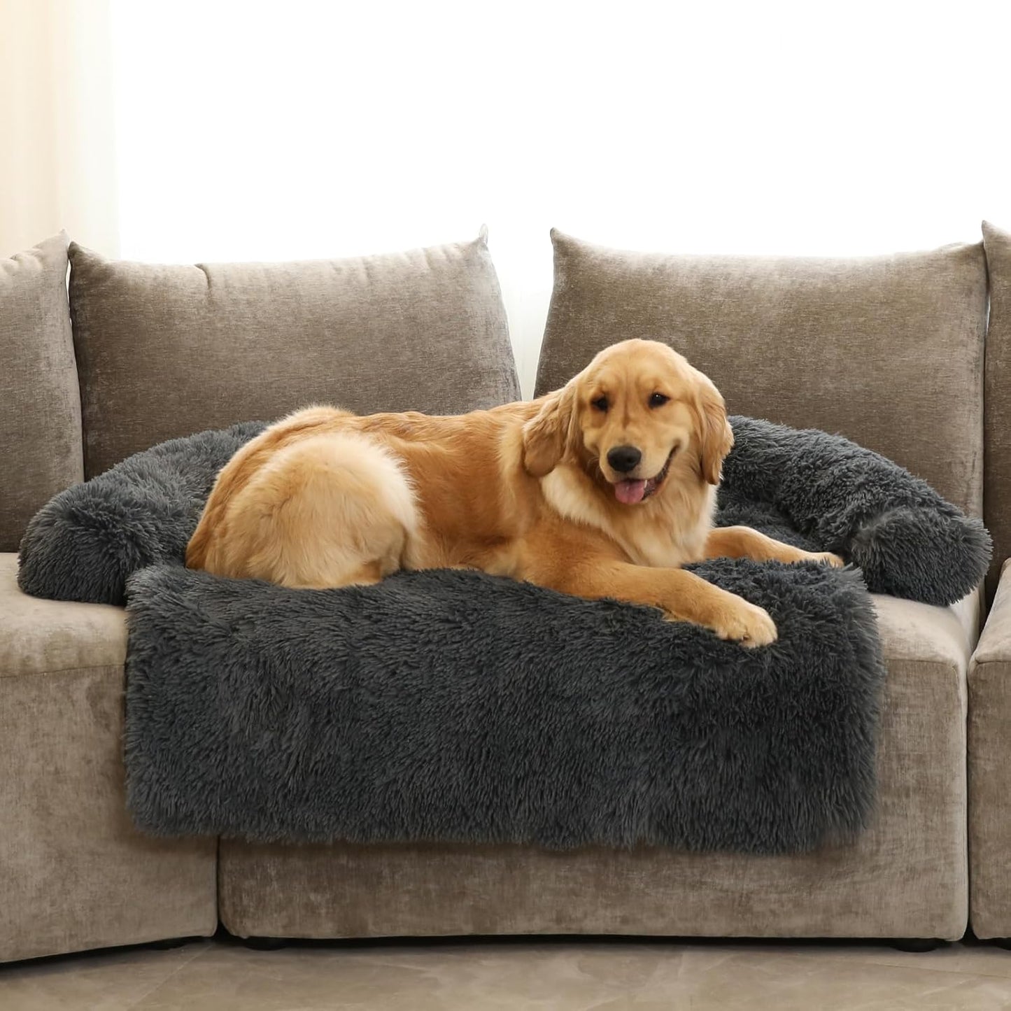 Calming Dog Bed Fluffy Plush Dog Mat for Furniture Protector with Removable Washable Cover for Large Medium Small Dogs and Cats (Large, Light Grey)