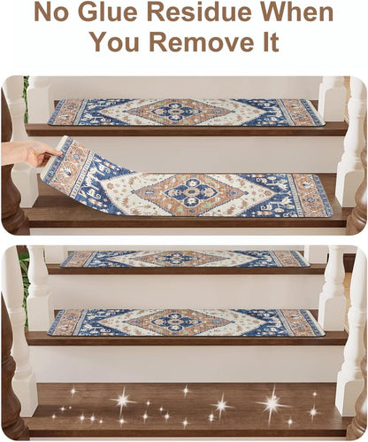 OJIA Non-Slip Carpet Stair Treads for Wooden Steps Set of 15, 30''X8'' Indoor Runner Resistant Rugs Rubber Safety Mats for Dogs, Kids & Elders, Stairway Grip
