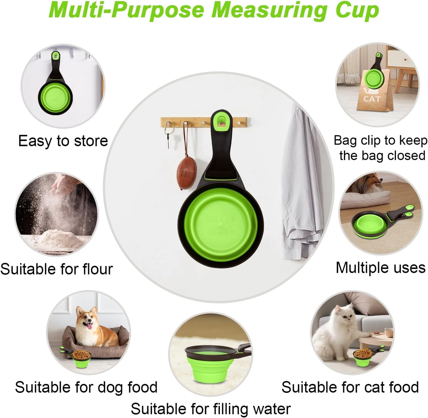 Collapsible Silicone Dog Food Scoop Foldable Pet Food Measuring Cup with Bag Clip 3 in 1 Multi-Function Silicone Dog Food Scooper (Rose Red, Medium)