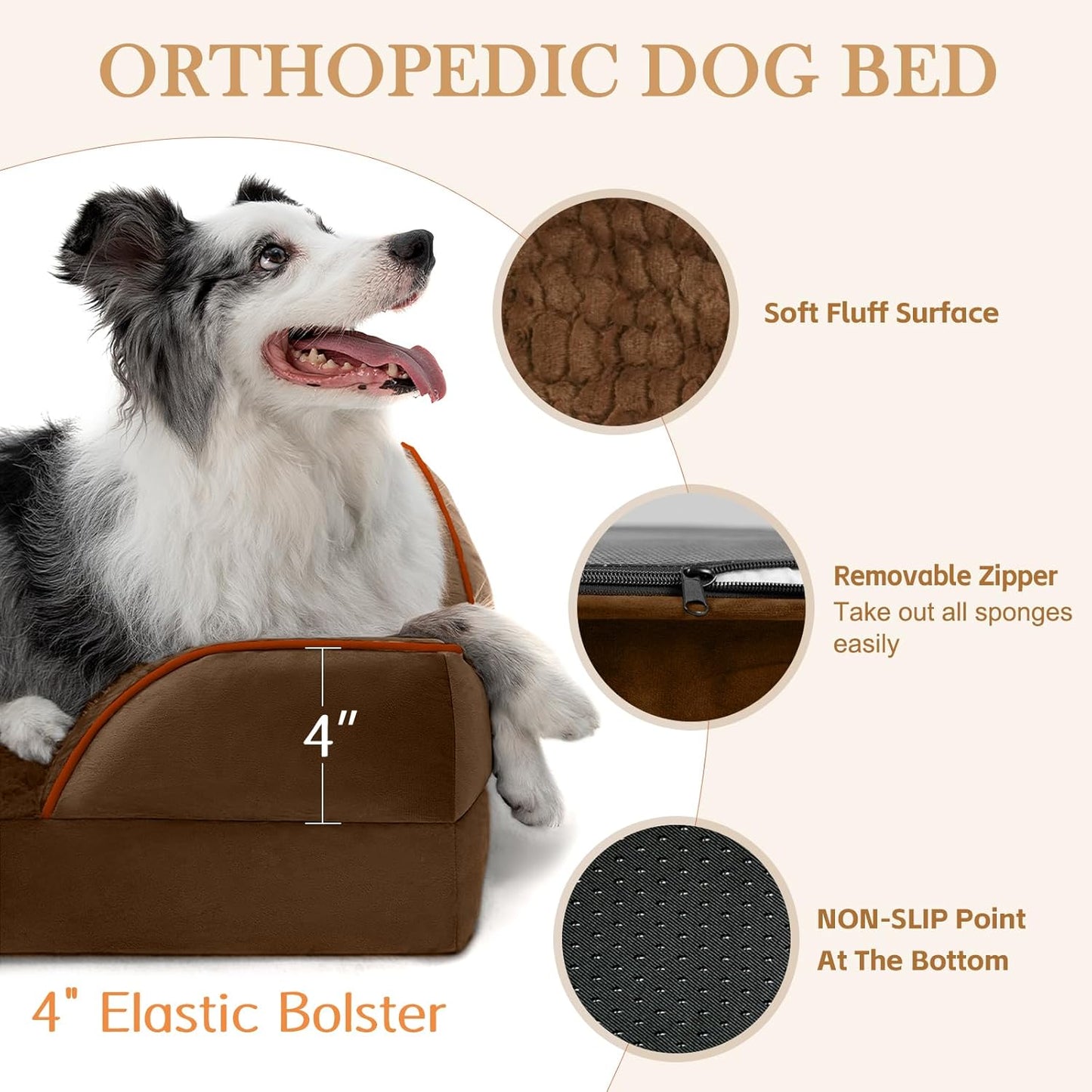 Comfort Expression Orthopedic Dog Bed for Extra Large Dogs 42x30 Inch, Waterproof Egg Crate Foam XL Pet Bed with Removable Bolsters, Dog Couch with Washable Cover & Non-Slip Bottom, Grey - Colors A