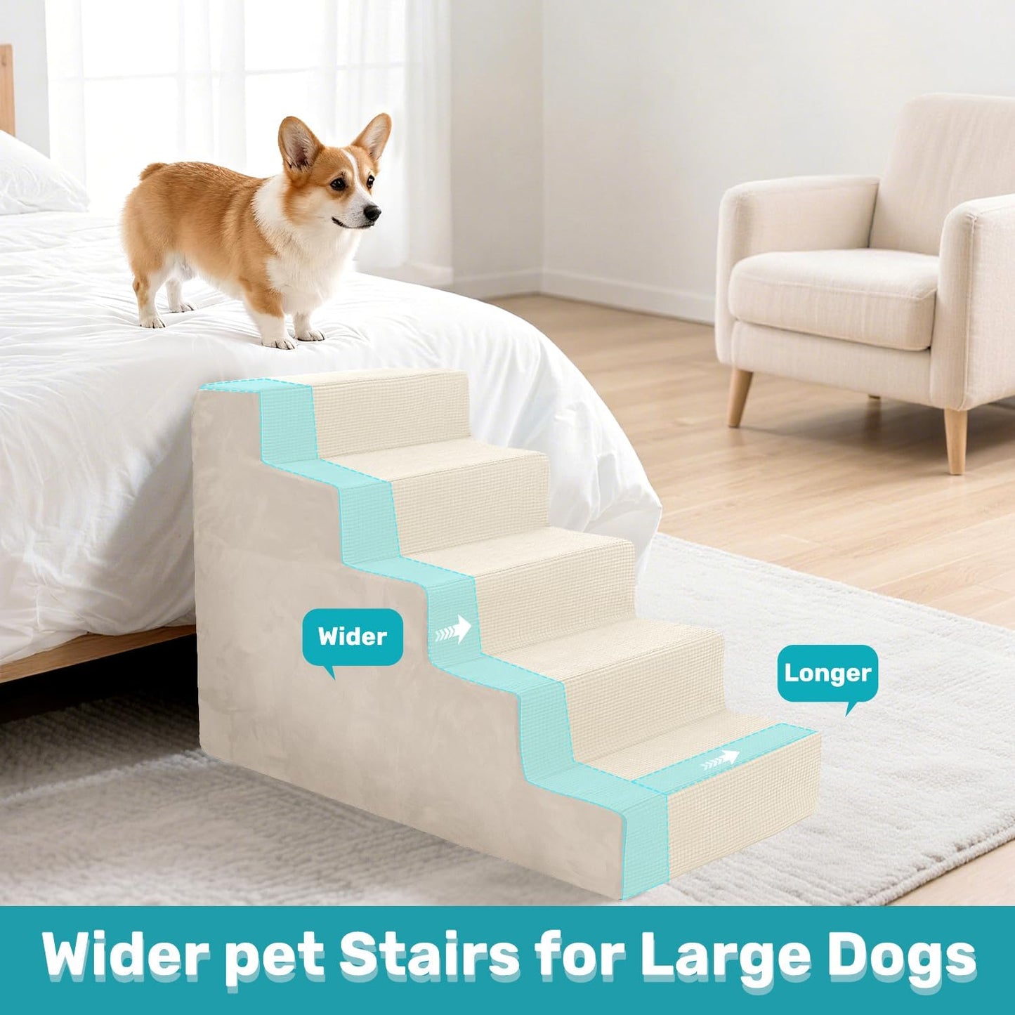 Dog Stairs for Bed, Extra Wide 5-Step Dog Steps for High Bed, High-Density Foam Pet Stairs with Non-Slip Removable Washable Cover for Small Pets, 23" H, Navy