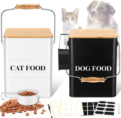 Tioncy 2 Pcs Metal Dog and Cat Food Storage Containers Big Pet Food Containers with Bamboo Lids and Spoon Airtight 5-7 Lbs Dog Cat Treat Snack Jars with DIY Labels for Kitchen Counter(White)