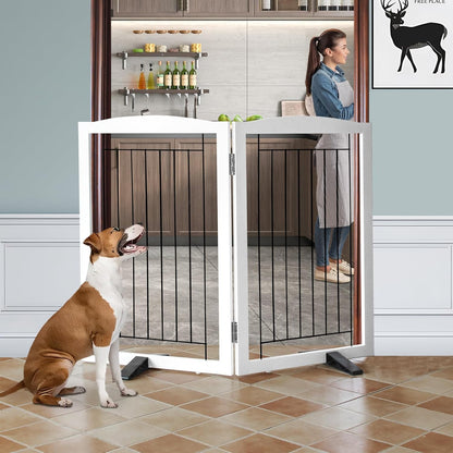 ZJSF Freestanding Dog Fence Indoor, Foldable Dog Gate for Doorways, Stairs or Hallways, Sturdy Wood Extra Wide Pet Gate with Support Feet for The House, White, 24 "Height-3 Panels