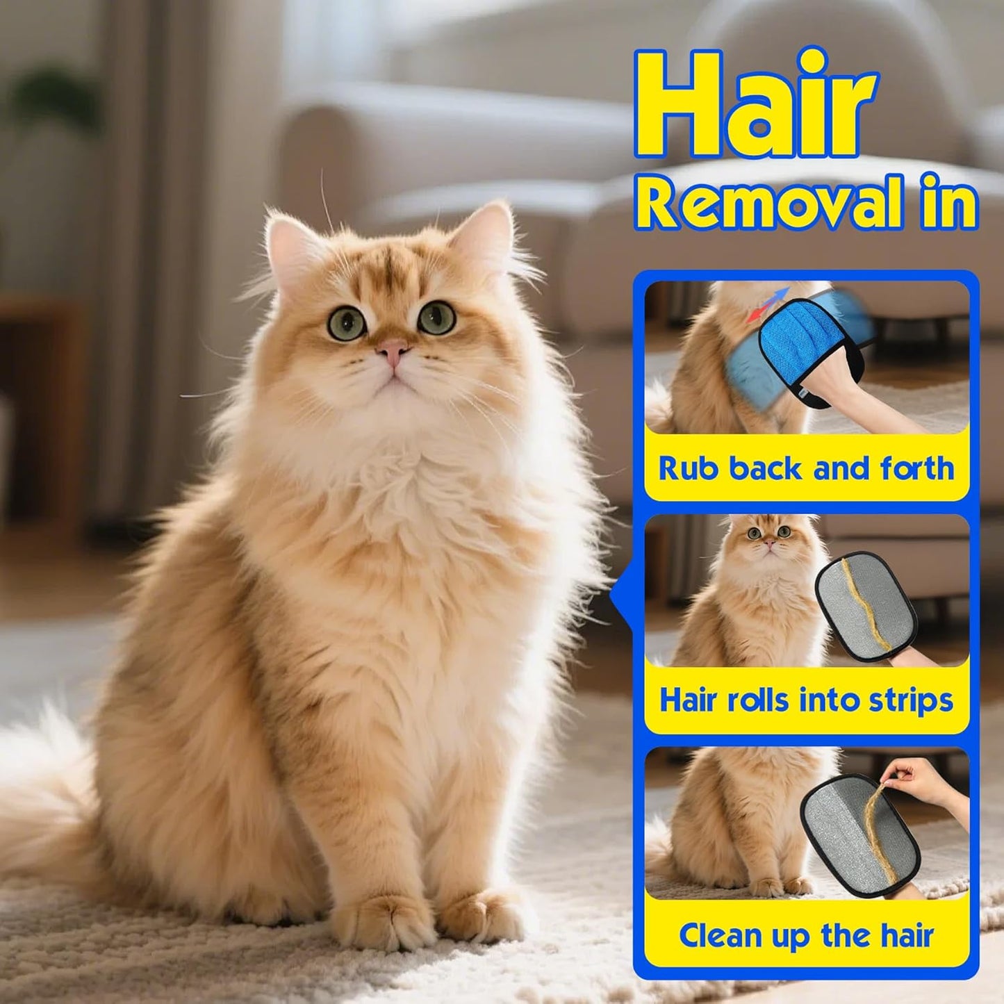 Carpet Rake for Pet Hair Removal, 54" Adjustable Long Handle 3 in 1 Carpet Rake & Pet Hair Removal Gloves for Cat Dog Fur Remover for Carpets, Rugs, Mats and Furniture(with 2 Hooks)