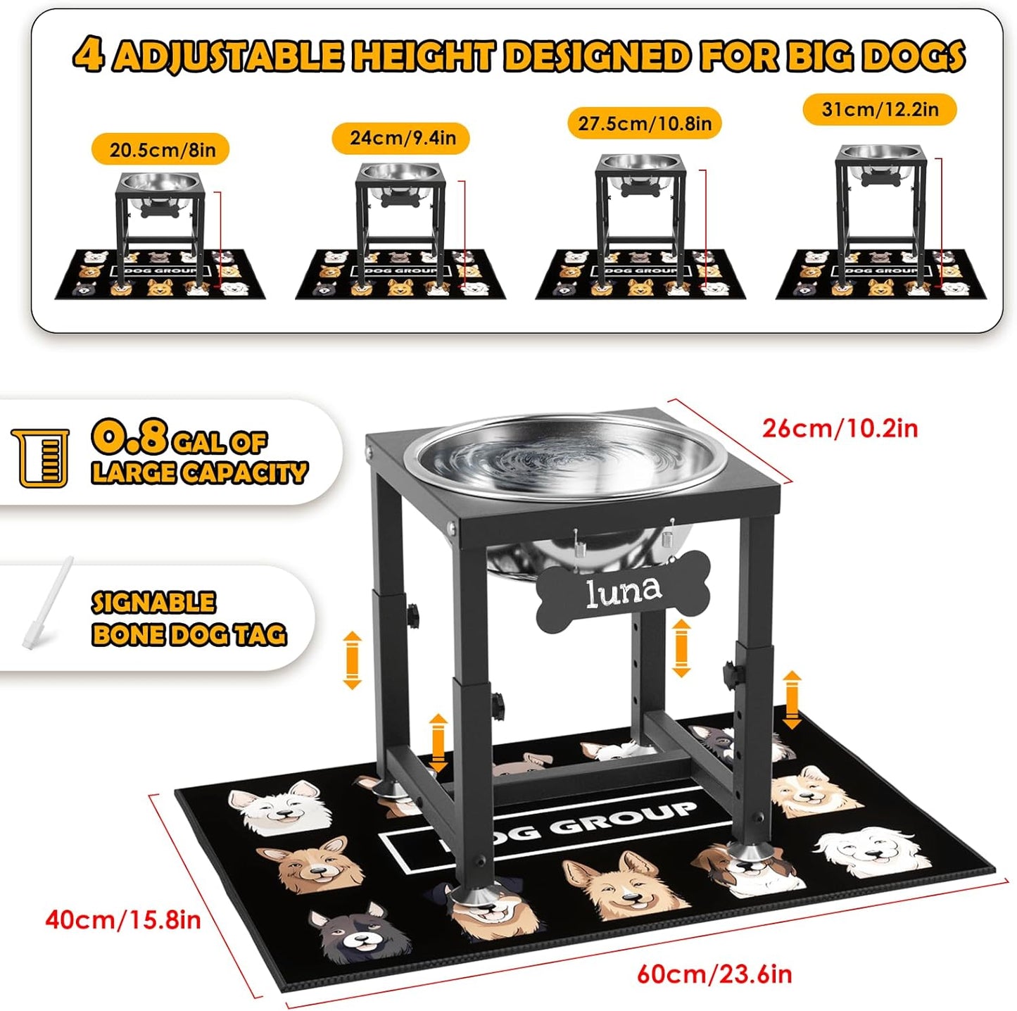 ADENGL 1.6 Gallon Elevated Dog Water Bowl for Large Dogs, 4-Height Adjustable (13–18'') Raised Stainless Steel Bowl with Spill-Proof Mat & Sturdy Metal Stand, Easy-Clean Feeder for Indoor/Outdoor Use