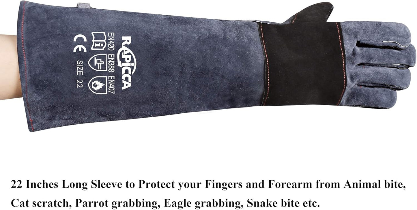 RAPICCA Animal Handling Gloves Bite Proof Double Leather Reinforced Padding Dog,Cat Scratch,Bird Handling Falconry Gloves Grabbing Reptile Squirrel Snake Bite 16in Grey-Black