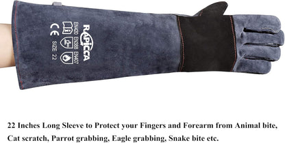RAPICCA Animal Handling Gloves Bite Proof Double Leather Reinforced Padding Dog,Cat Scratch,Bird Handling Falconry Gloves Grabbing Reptile Squirrel Snake Bite 16in Grey-Black