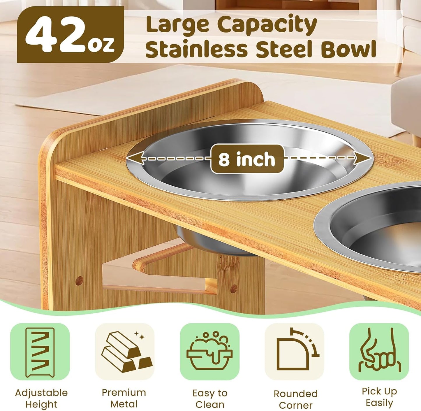 Elevated Dog Bowls, Adjustable Raised Dog Bowl Stand for Medium and Small Dog, 11" High Bamboo Pet Food Feeder with 2 Stainless Steel Dishes（4 Heights）