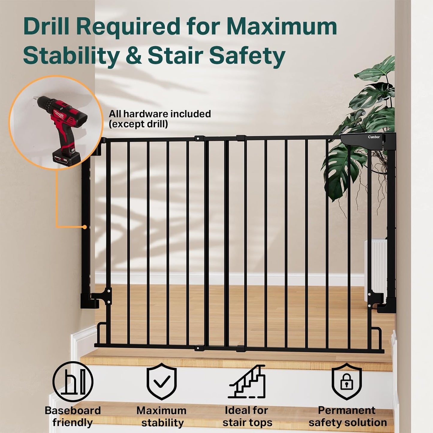 Cumbor 29.2–43" Baby Gate for Stairs, Hardware Mounted (Drill Required), Expandable No Bottom Bar Dog Gate, Auto Close Extra Wide Walk Thru, Pet & Toddler Proof Gate, Top & Bottom of Stairways(Black)