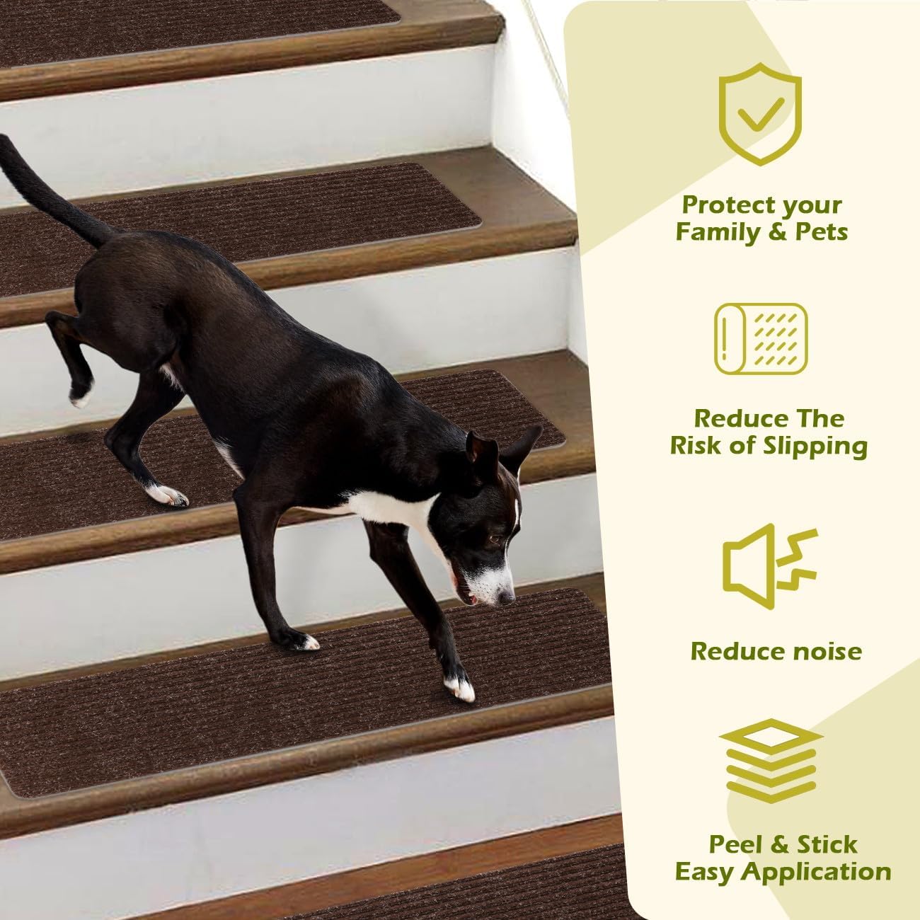 Stair Treads Non-Slip 16 Pack 8"x30" - Carpet Stair Runner for Indoor Wooden Steps with TPE Backing & Anti-Skid Surface, Reusable Adhesive Safety Rug for Kids/Elder/Pet-Friendly - Brown