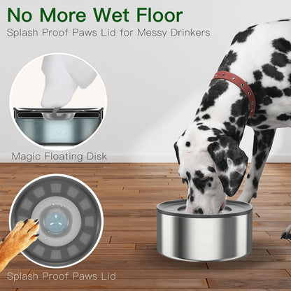 1Gallon Slobber Stopper Water Bowl for Dogs, US Patented Splash-Proof Paws Lid, 18/8 Stainless Steel, Anti-Slip Base, No Spill for Messy Large Medium Dogs, Ear Protection for Floppy-Eared Breeds