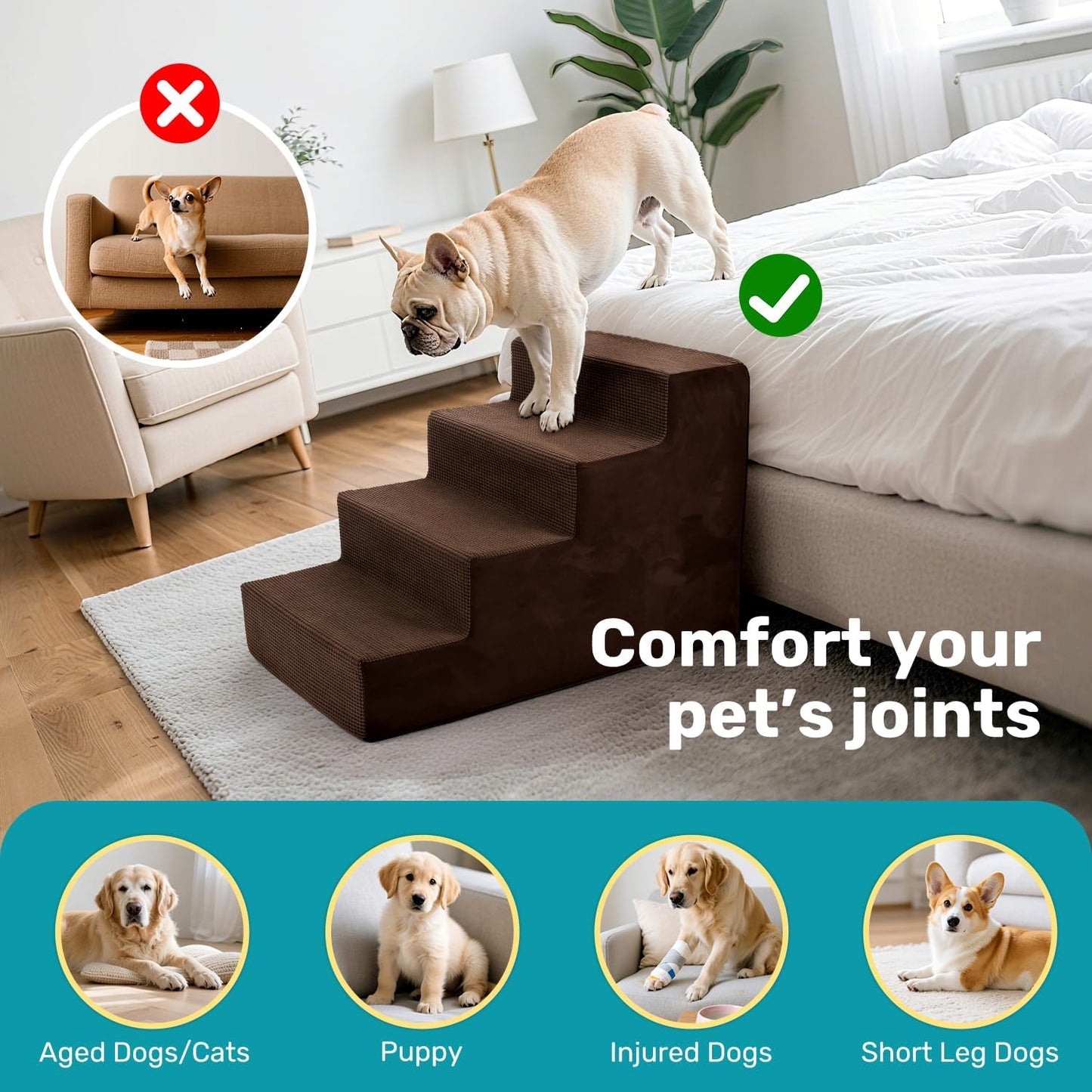 Dog Stairs for Bed, Extra Wide 5-Step Dog Steps for High Bed, High-Density Foam Pet Stairs with Non-Slip Removable Washable Cover for Small Pets, 23" H, Navy