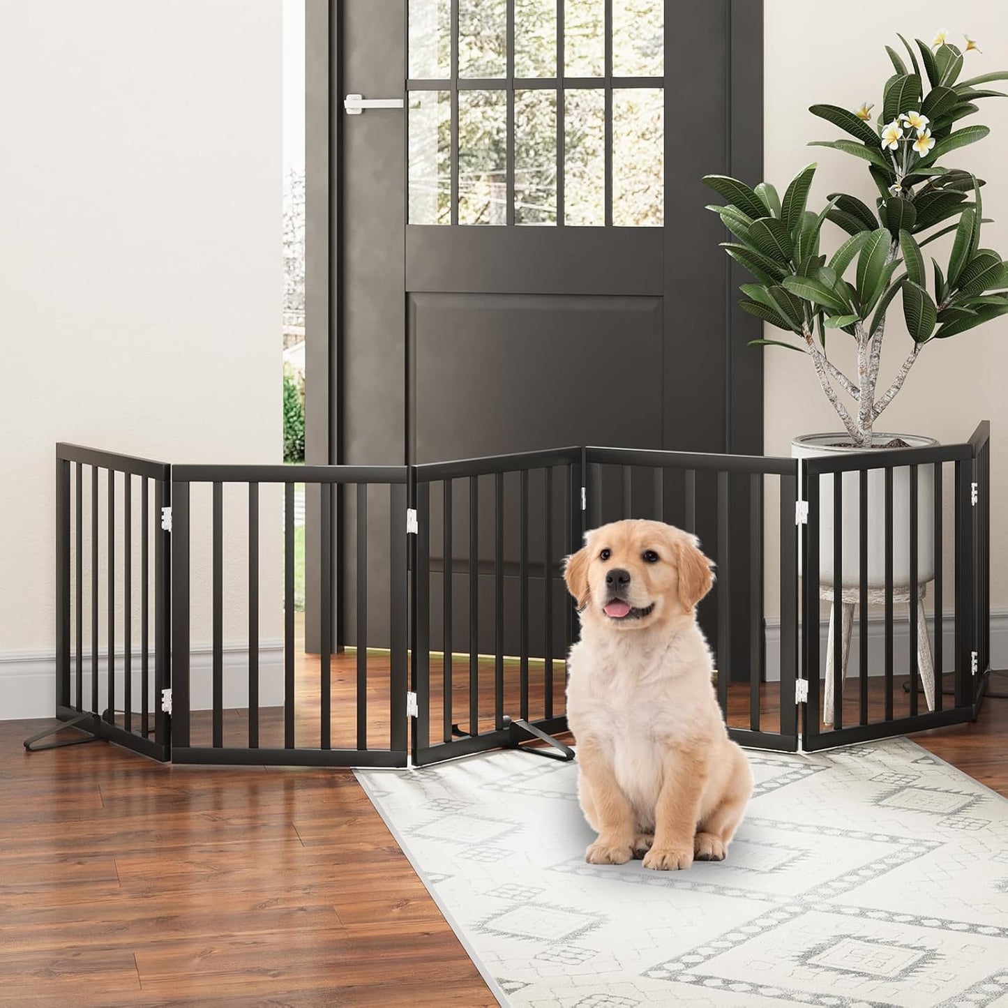 Freestanding Foldable Dog Gate - 4 Panel Room Divider with Metal Support Feet (Black)
