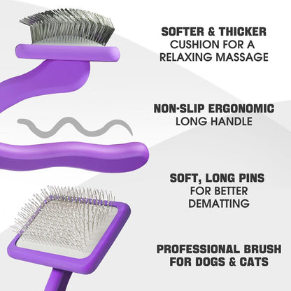 Bonteck Dog Slicker Brush for Dogs Grooming Kit 5PCS | Large Dog Brush for Goldendoodles Poodles Doodles | Long Pin Haired Brush | Poodle Brushes and Comb (Purple)
