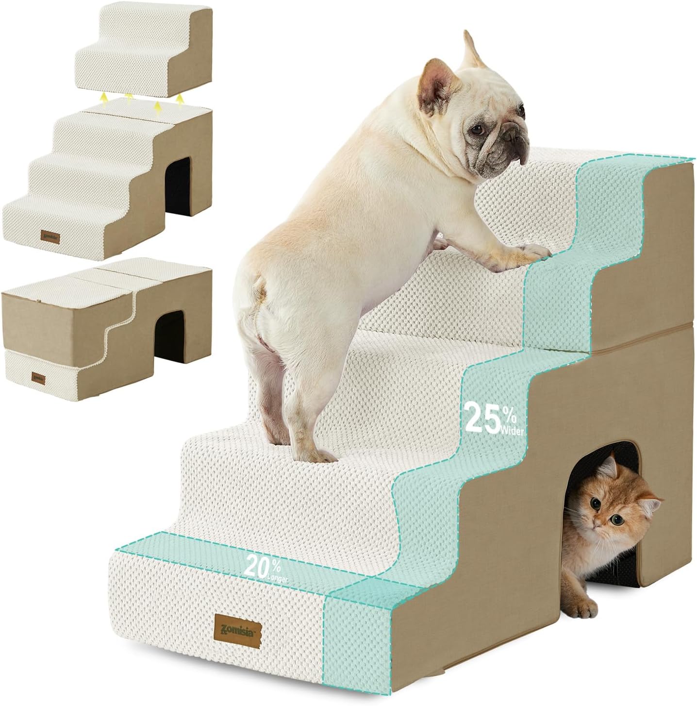 ZOMISIA Dog Ramp for Large Dogs - 24"H 5-Step Pet Stairs for High Beds with Tunnel, 2-in-1 Design with Zippers, Suitable for Indoor Cat Ladders with Non-Slip Bottom, Beige