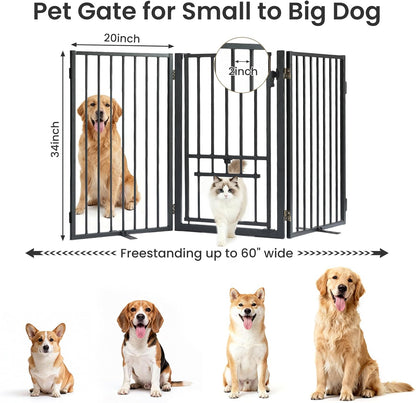 Metal Freestanding Dog Gate with Cat Door for Outdoor Indoor,80" Extra Wide Foldable Pet Fence,30" Tall Dog Gate for Large Opening,Stairs,Hallways,Doorways,Deck,Yard,with 3PCS Support(4 Panels,Black)