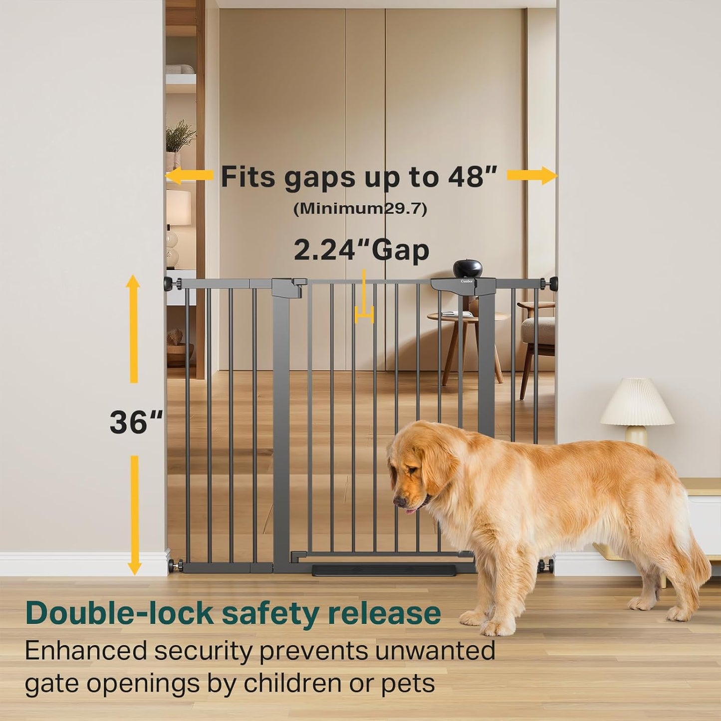 Cumbor 36.6-64" Extra Wide Baby Gate for Stairs, Dog Gates for Doorways, Auto-Close Pet Gate Indoor, Pressure Mounted Walk Through Safety Child Gate for Kids Toddler, Tall Pet Puppy Fence Gate, Brown