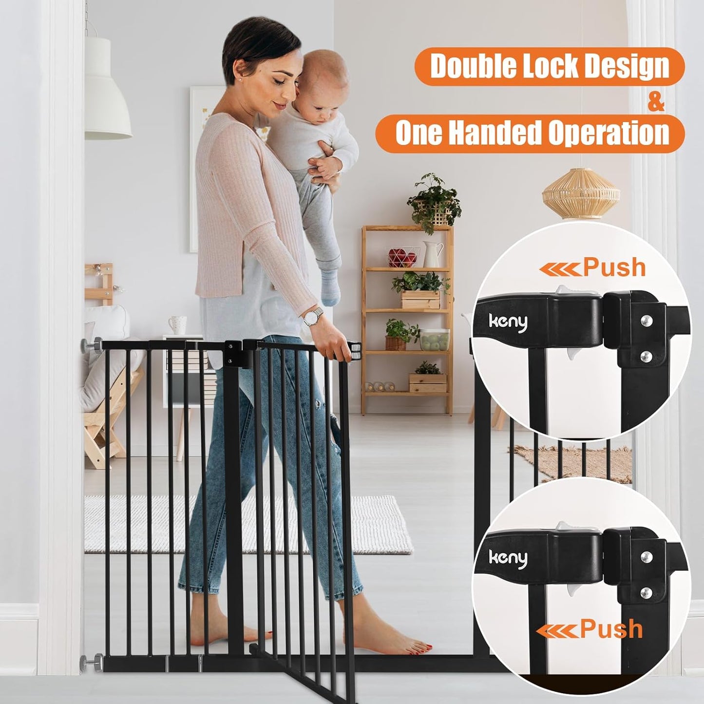 keny 29"-42.5" Baby Gate for Stairs, Auto Close Safety Dog Gate, Pressure Mounted Easy Walk Through Pet Gate for Doorways, Durable Stair Gate, 30" Tall, White