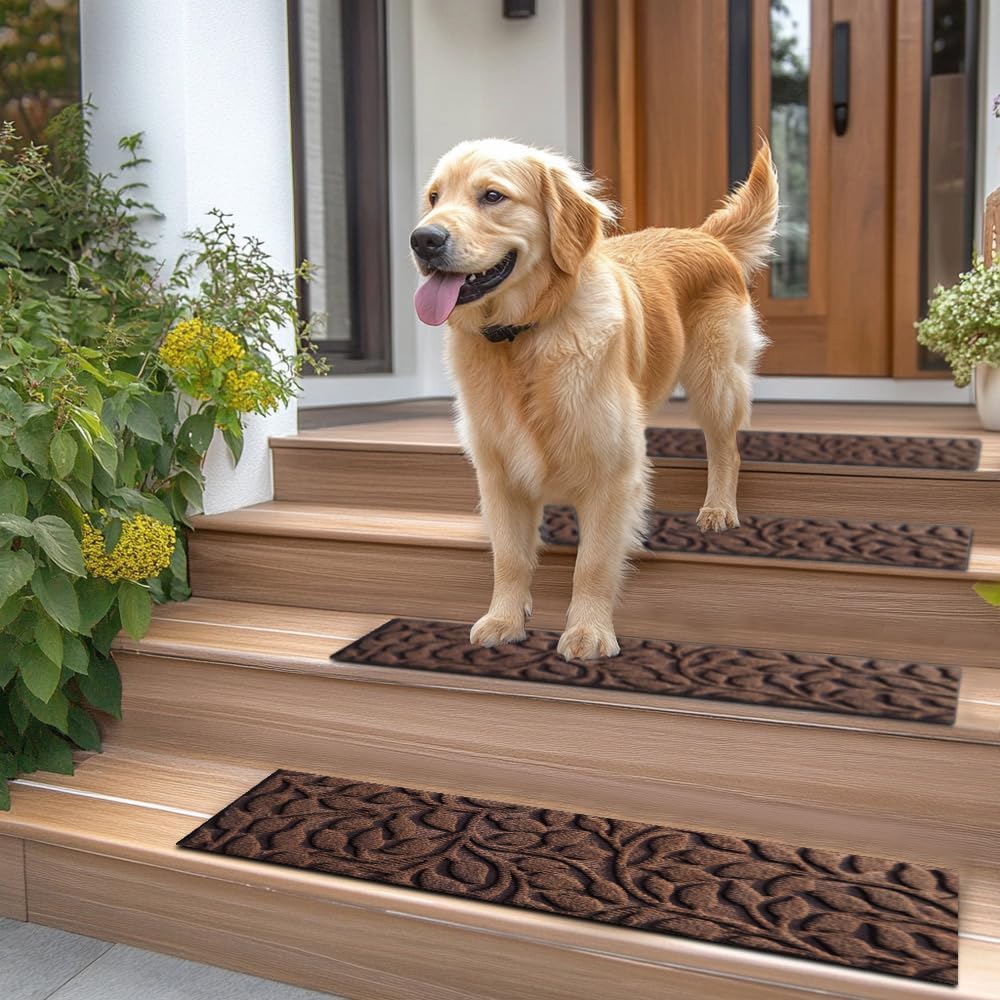 Aucuda Stair Treads Outdoor for Elders and Dogs on Wooden Steps, 30" x 8.5" (2pcs )Non Slip Stair Runner Rug Heat Insulation Rubber Backing, Gray Floral Staircase Mat Carpet for Indoor Grip Farmhouse.