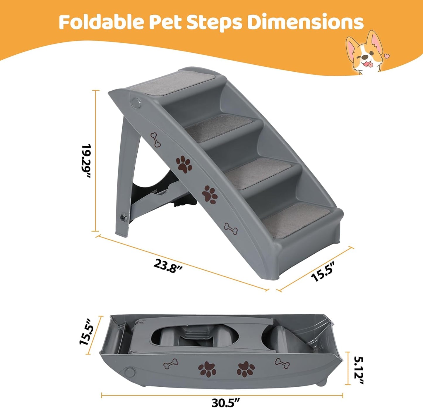 Dog Stairs for High Beds, Foldable Pet Steps Ramp with Non-Slip Bottom for Cats and Small Dogs, for Couch, Car, Portable Waterproof Dog Steps