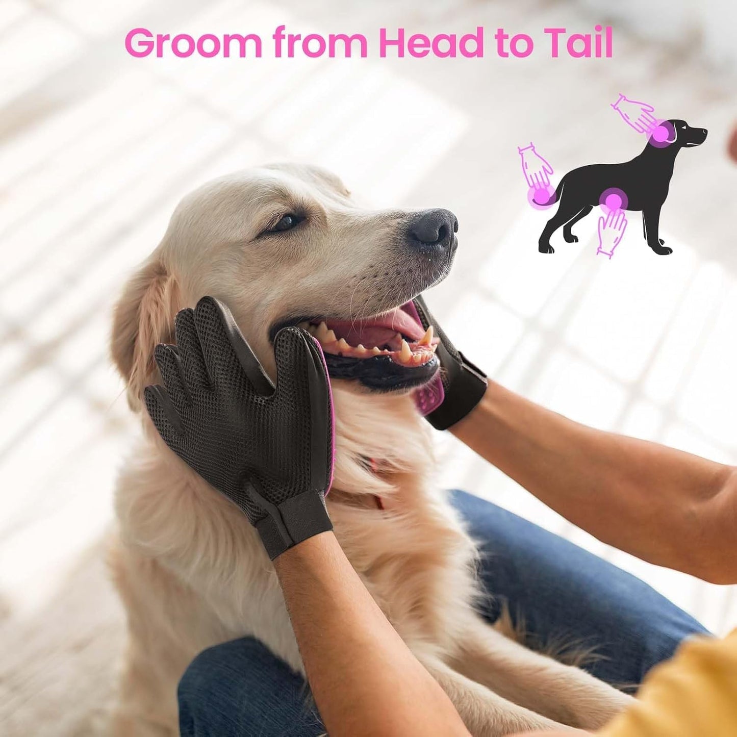 Upgraded Pet Grooming Gloves for Shedding - 1 Pair Dog Hair Remover Gloves for Bathing & Deshedding Cats, Dogs & Horses, Gentle Massage for Short & Long Hair (Pink)