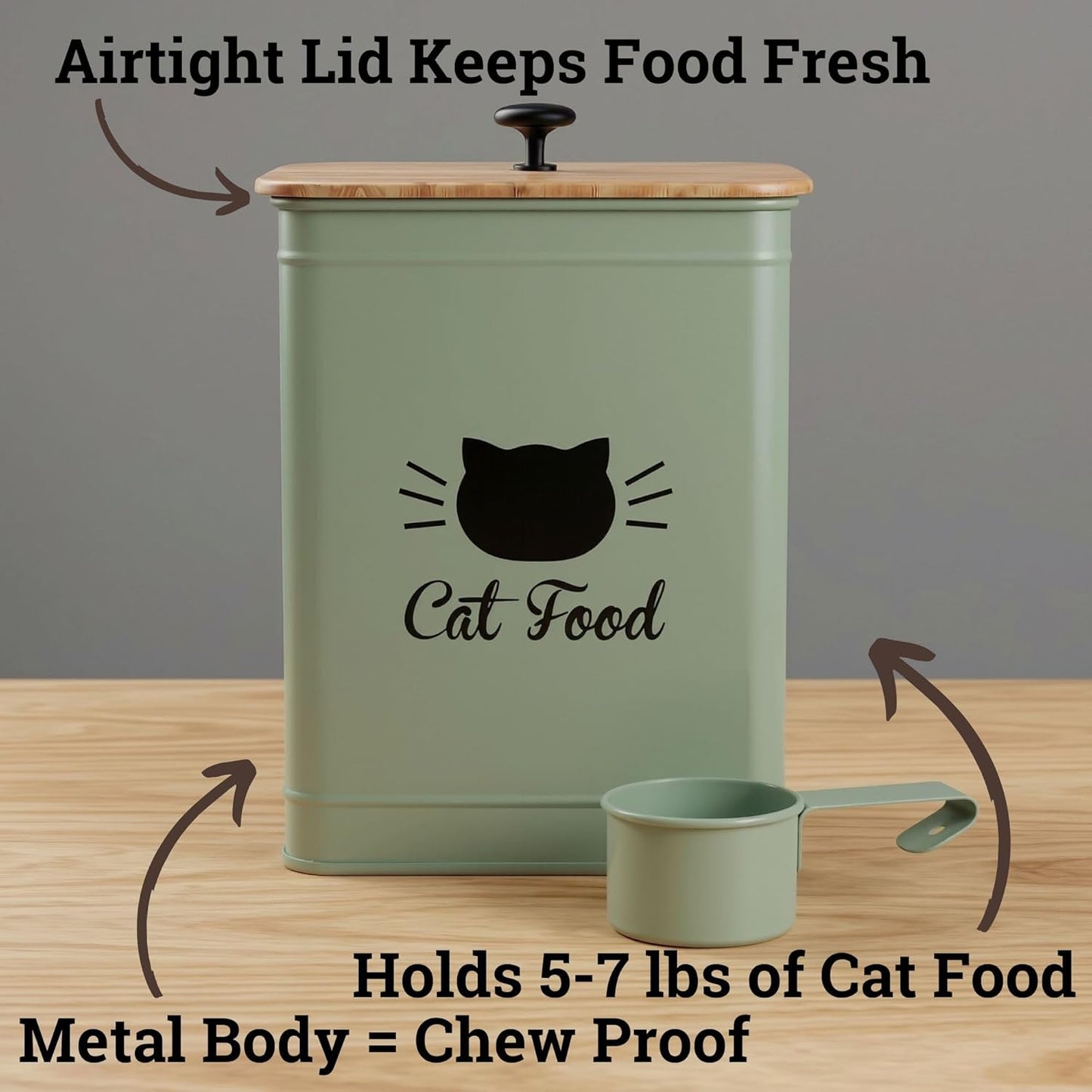 Cat Food Storage Container with Scoop - 5-7 lb (25 Cup) Capacity Metal Cat Food Container with Airtight Bamboo Lid and Metal Scoop - Airtight Pet Food Storage Containers 5 lb - 7 lb Kibble Container